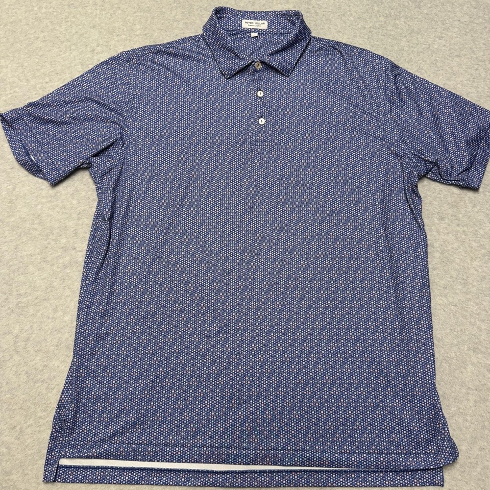 Peter Millar Summer Comfort Polo Shirt Mens L Blue Dot Golf Stretch Maketewah